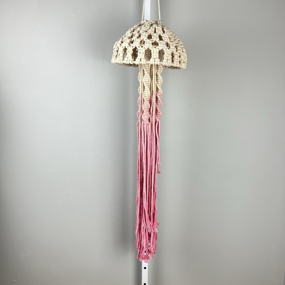 Hanging Macrame Jellyfish Pink Cream Fiber Art‎ Boho Decor Ocean Sea Life 40"